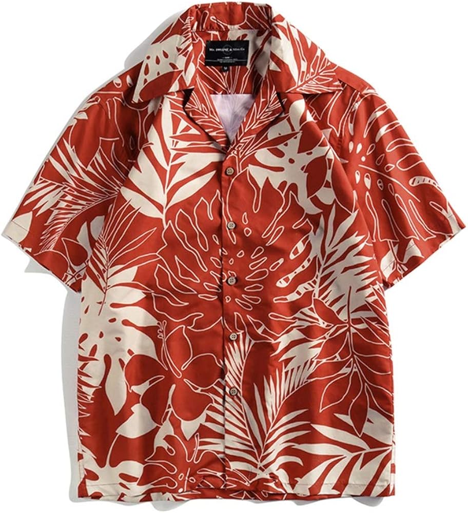 Mens Island Shirt Tropical Leaf Print ShortSleeved Vacation Leisure