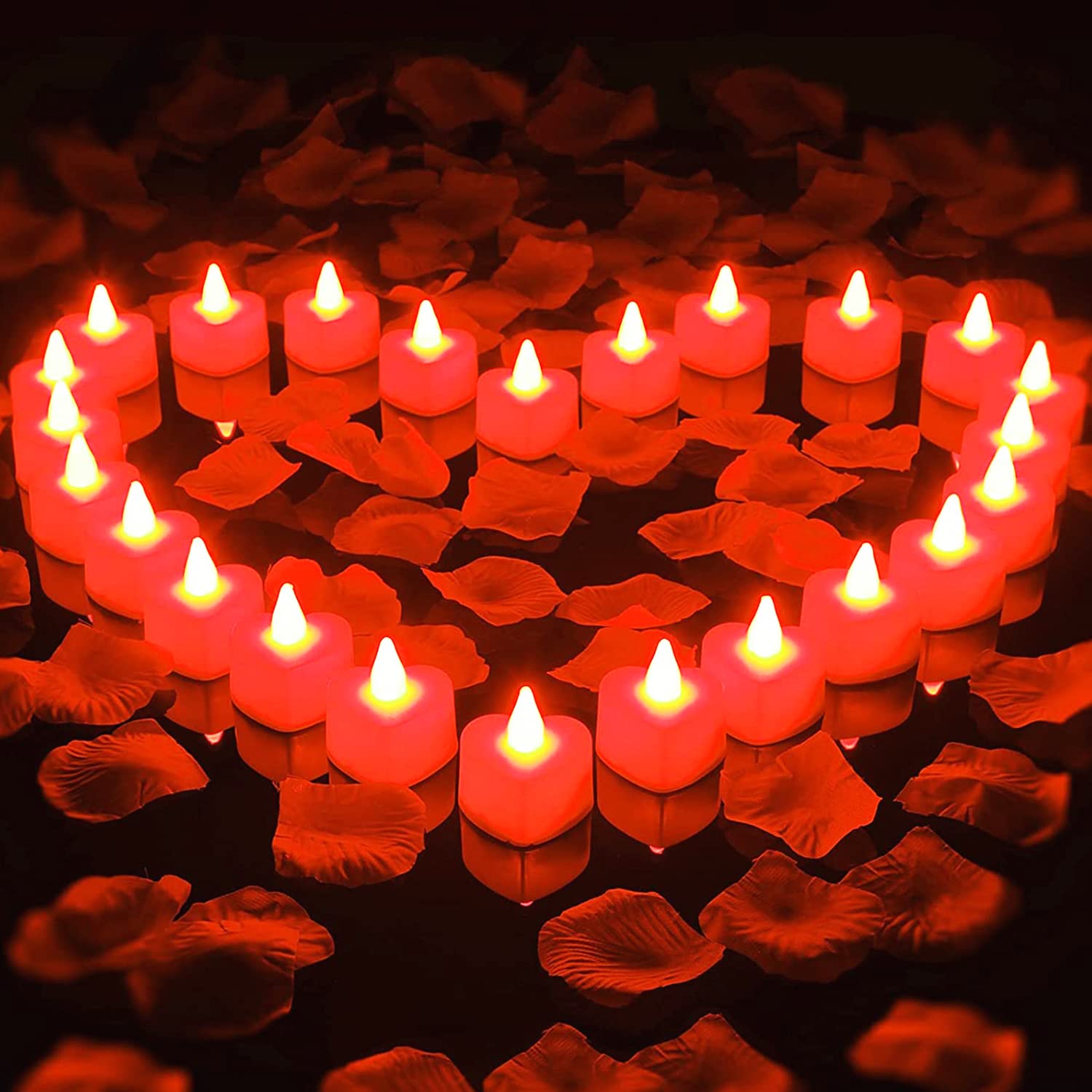 DWTECH 1000pcs Artificial Rose Petal with 24pcs Romantic Heart LED Candle Kit - Flameless LED Tealight Candle for Valentine's Day, Anniversary, Wedding Decor