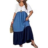 SOLY HUX Women's Plus Size Maxi Dress Color Block V Neck Short Sleeve Babydoll Ruffle Hem Flowy Summer Long Dresses