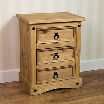 Home Discount Corona Bedside Chest 3 Drawer Distressed Waxed Pine