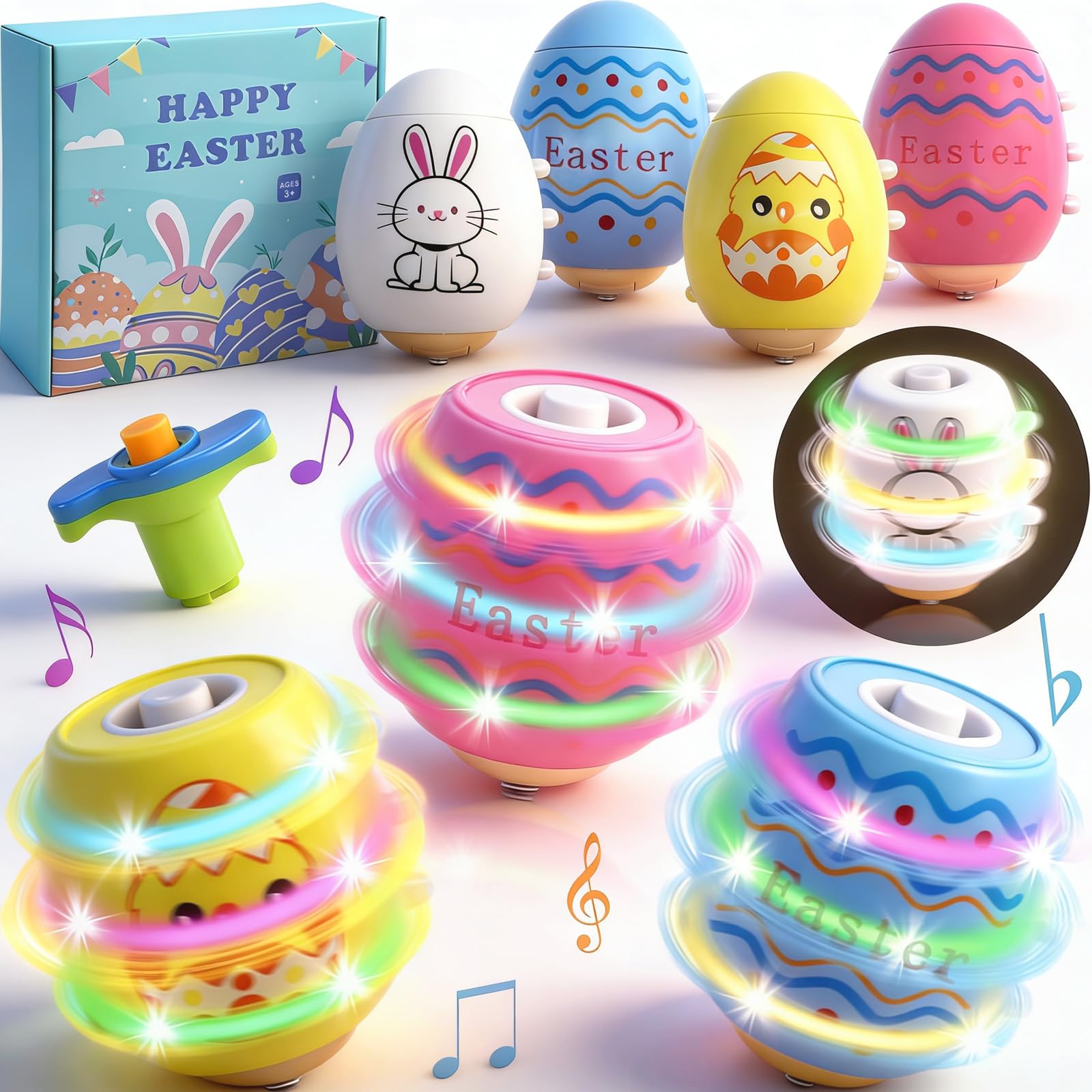 Taranovi Easter Basket Stuffers for Kids - 4 Pack Light Up Spinning Tops, Egg Fillers Essentials for Boys Girls Toddler Children, Glow in The Dark Hunt Prizes Goodie Bag Toys Party Favors Gift Ideas