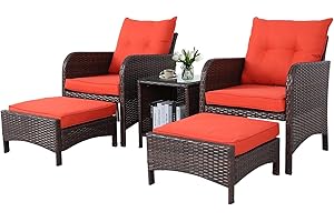 Furnivilla 5 Piece Patio Set Patio Chair and Ottoman Patio Furniture Set All Weather PE Rattan Conversation Set with Cushioned Patio Lounge Chairs for Lawn, Pool, Balcony (Orange)