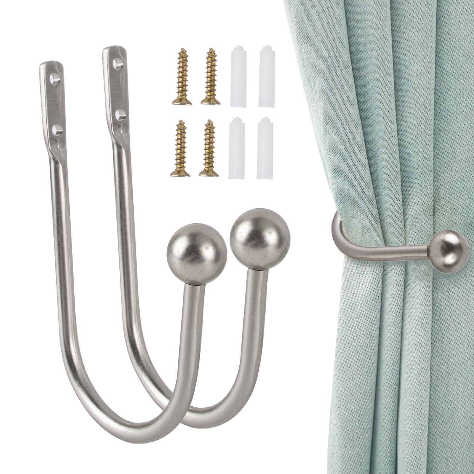 GWAWG 2 PCS Metal Curtain Holdback Decorative Drapery Holdbacks Arms Wall Mounted Tie Backs Hooks with Screws for Fixed and Hanging Clothes (Silver), 15.5 x 9.6