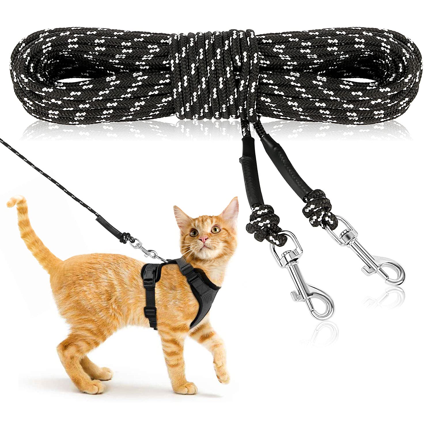 RANYPET Reflective Long Cat Lead, 4.5M/15FT Escape Proof Lightweight Cat Leash, Extendable Personalized Cat Lead for Training Playing Outdoor, Lead for Kitten, Puppy, Rabbit and Small Animals Black
