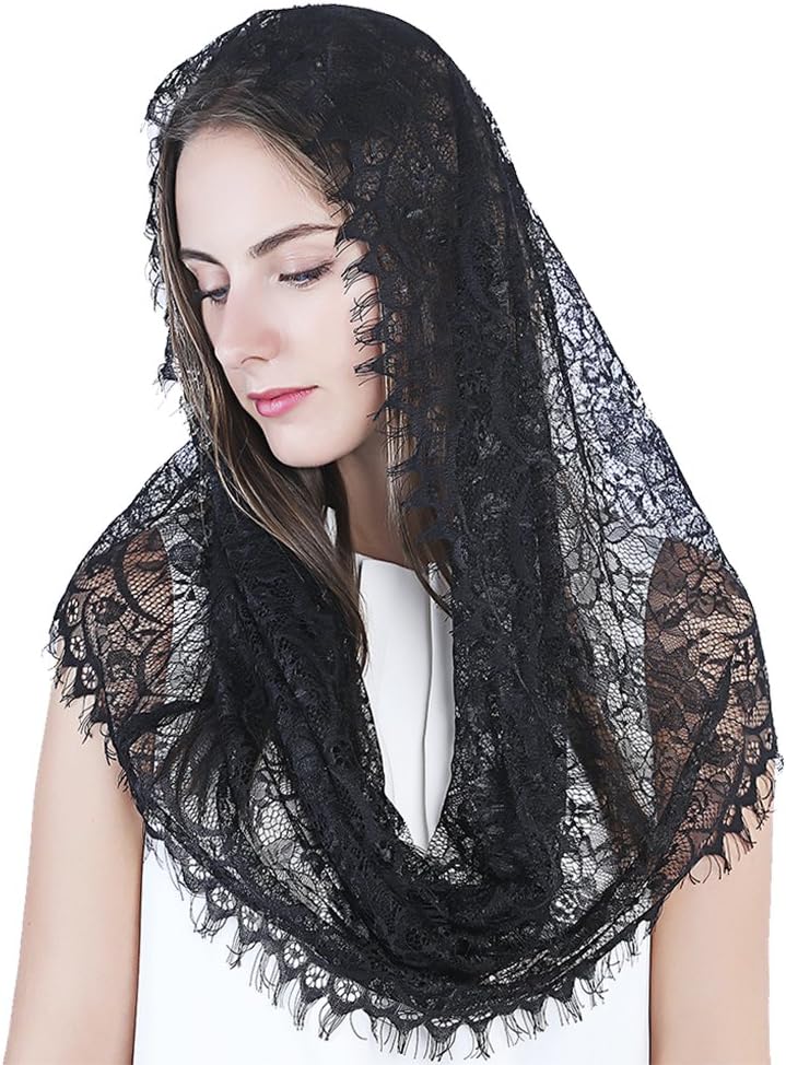 TREORSI Women's Veil Head Covering Latin Mass Scarf (Black)