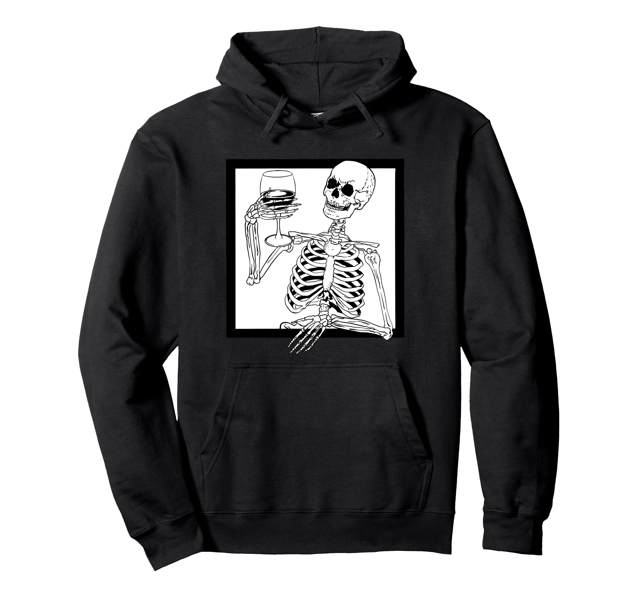 black white halloween skeleton drinking wine skull funny Pullover Hoodie