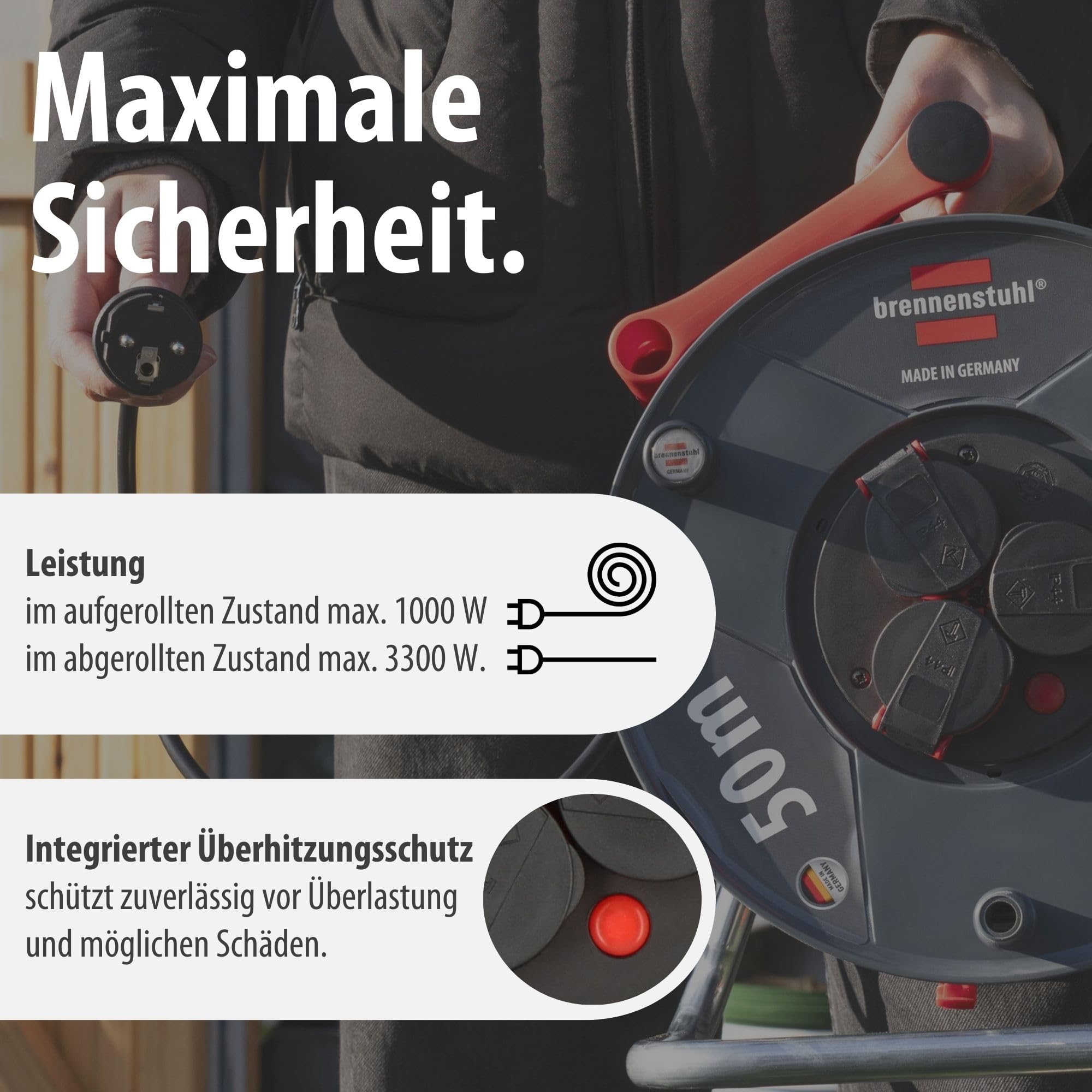 Brennenstuhl Garant V2 IP44 Kabeltrommel 50m Outdoor (Made in Germany, 3 Schutzkontakt-Steckdosen, Überhitzungsschutz, Spezialkunststoff) 5