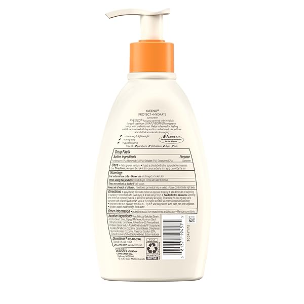 AVEENO PROTECT + HYDRATE SUNSCREEN MOISTURIZING LOTION WITH PREBIOTIC OAT, BROAD SPECTRUM SPF60, PARABEN, & OIL FREE, WEIGHTLESS, WATER & SWEAT RESISTANT (80-MIN) FOR SENSITIVE SKIN, 12 FL OZ