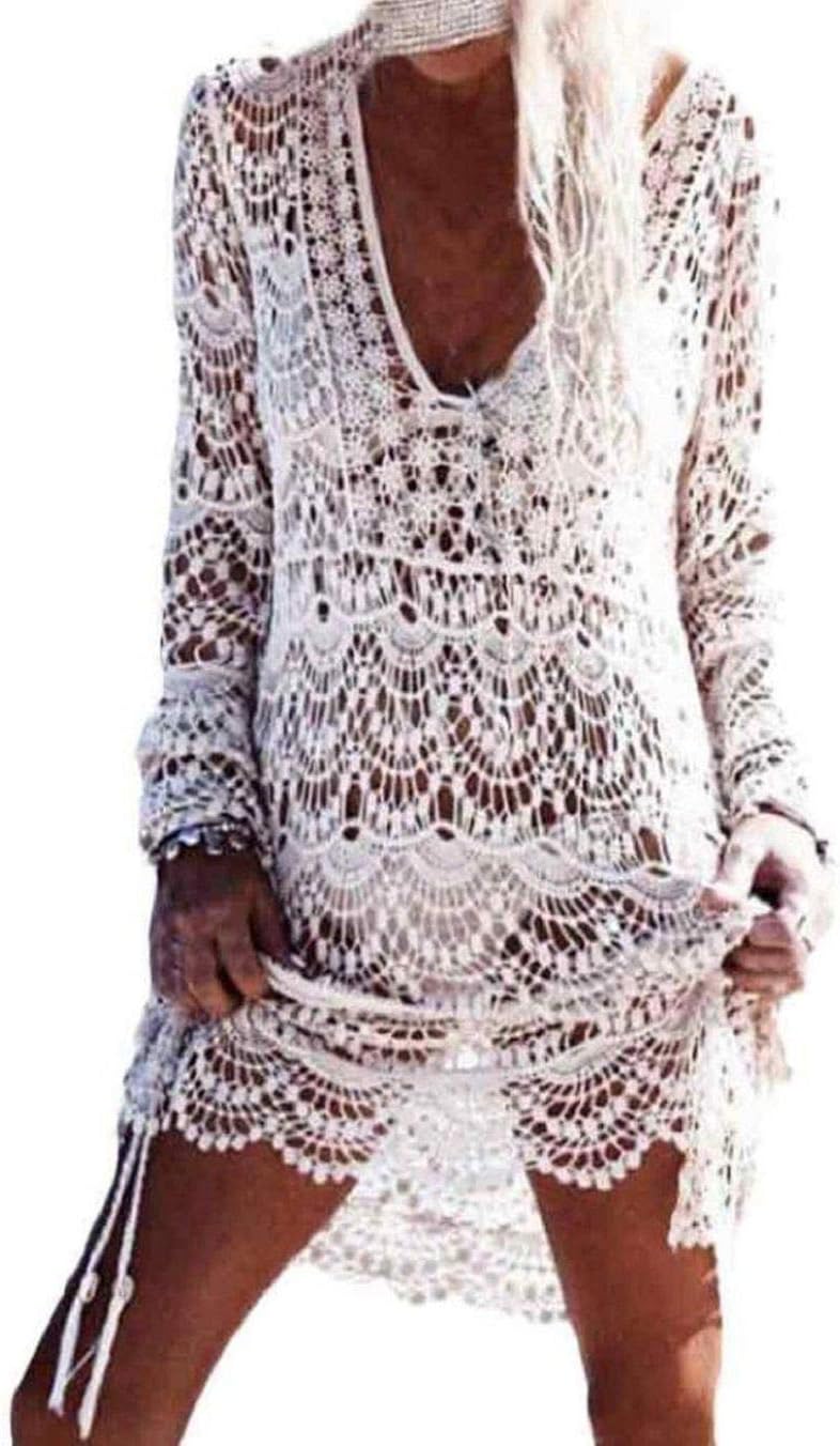 Womens Hollow Out Beachwear V Neck Coverups Oversized Short Sleeve Beach Dress Loose Bikini Swim Bathing Suit