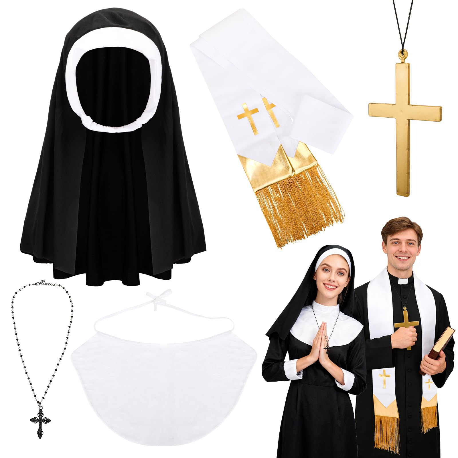 XEPST 5PCS Halloween Religious Couples Costumes Accessories - Monastic style Headpiece and Collar Necklaces Religious Stole Halloween Couples Costumes for Women and Men Cosplay Carnival Fancy Dress Up