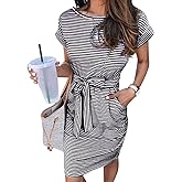 MEROKEETY Women's 2026 Summer Casual T Shirt Dress Short Sleeve Striped Tie Waist Work Vacation Trendy Short Dresses