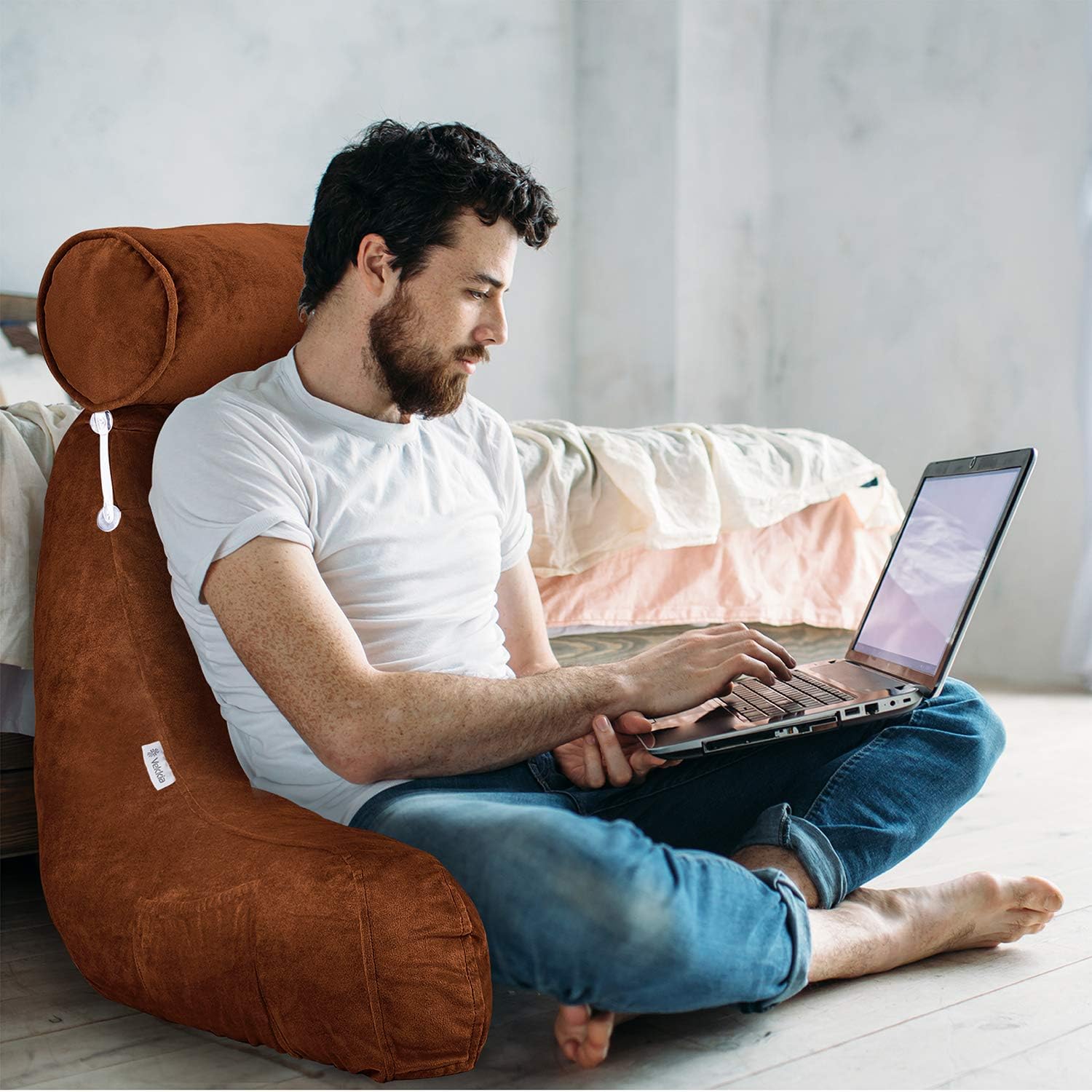 Vekkia Premium Soft Reading & Bed Rest Pillow with Higher Support Arm, Pocket, Free Neck Pillow. Back Support for Reading/Relaxing/Watching TV - Extra Foam Incl-24” Velvet(Cover): Home & Kitchen