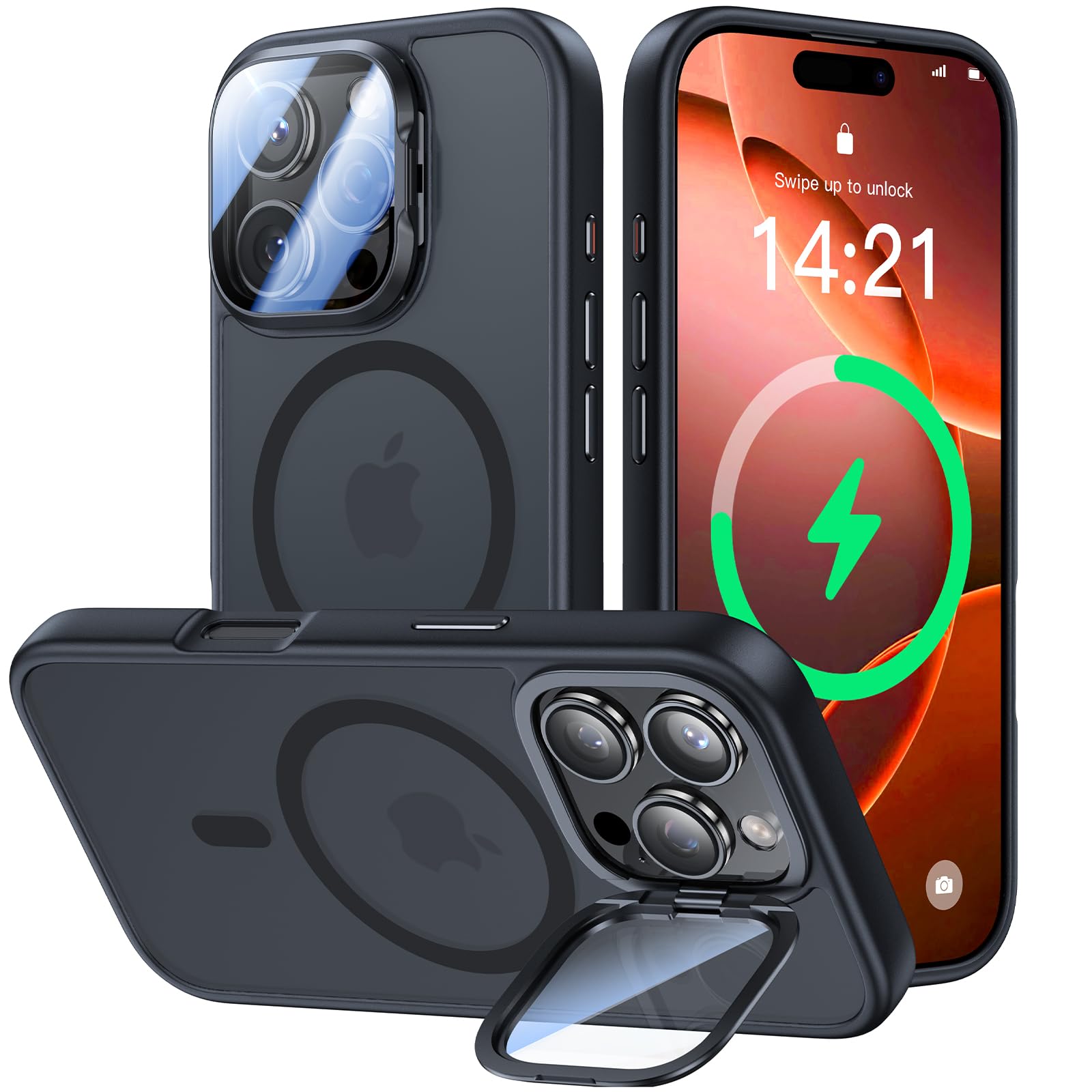 Photo 1 of VOFATA [Upgraded] for iPhone 16 Pro Max Case with Camera Cover Stand [Fit for MagSafe][9H Camera Lens Protector] Mil-Grade Protection Translucent Magnetic iPhone 16 Pro Max Phone Case, Black