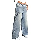 WDIRARA Women's Bowknot Patched Baggy Jeans Low Rise Straight Leg Denim Pants with Pockets
