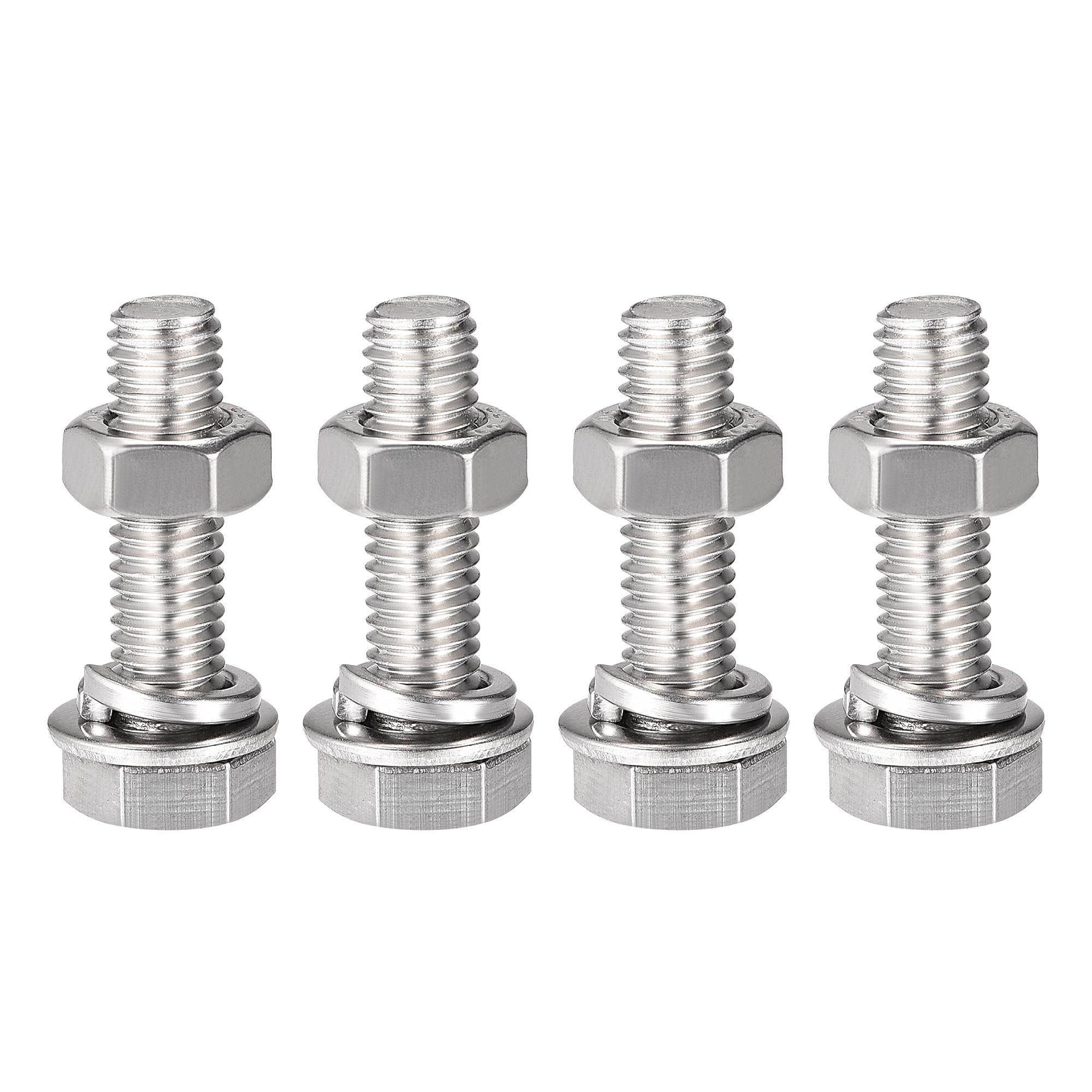 TOP-VIGOR 4Pcs M8 x 30mm Hex Head Screws Bolts, Nuts, Flat & Lock Washers Kits, 304 Stainless Steel Fully Thread Hexagon Bolts for DIY Bike Motorcycles Repair