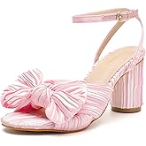 omthaka Women's Bow knot Heeled Sandals Pleated Bow Heels Ankle Strap Chunky Heels Wedding Bridal Party Dress Shoes Pink 39US7.5