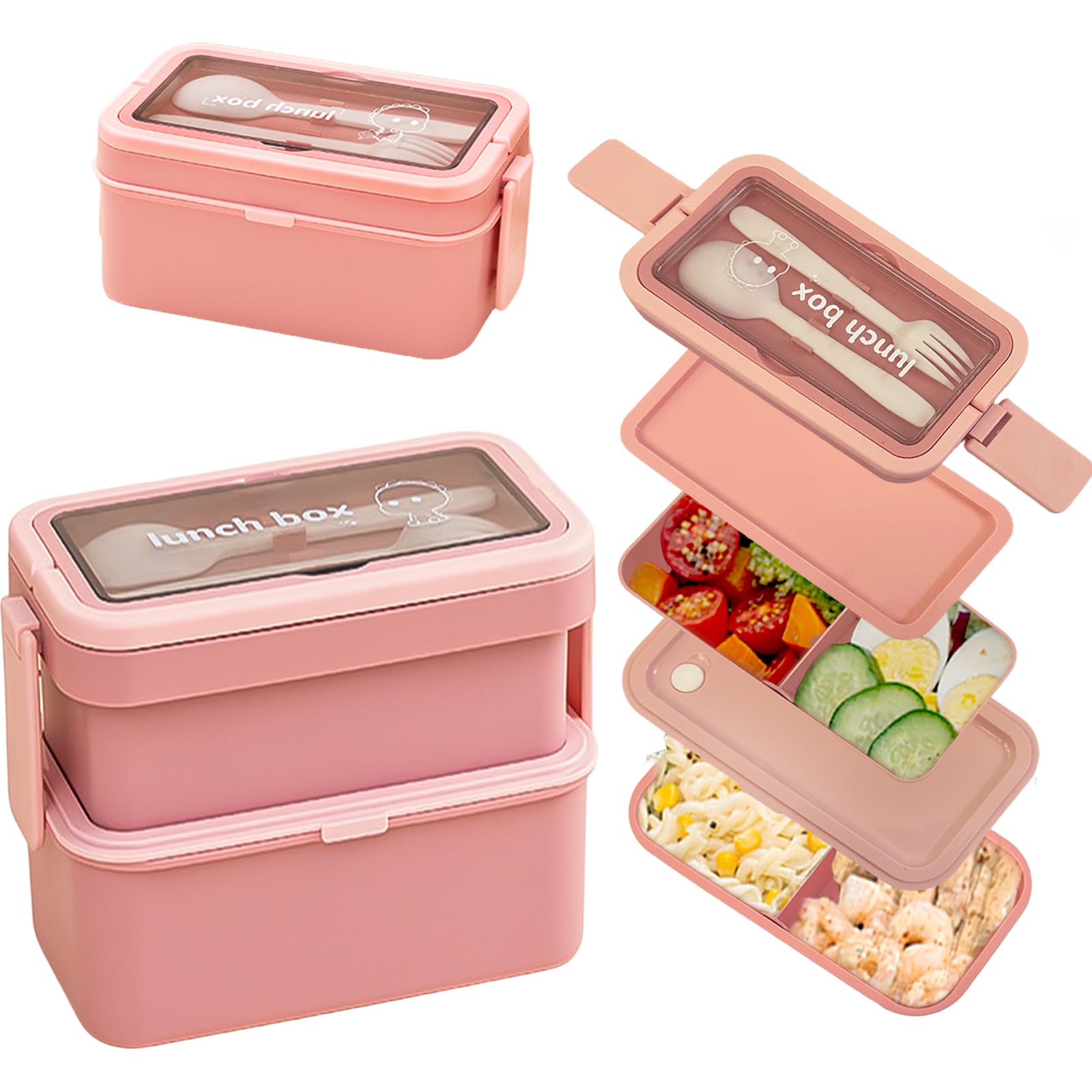 Echehi 2 Layer Lunch Box with Compartments for Adults and Kids, 950+550ml Stackable Bento Box with Cutlery & Hidden Handle, Microwave & Fridge Safe. Pink