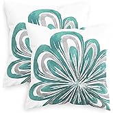 CaliTime Throw Pillow Covers Pack of 2 Cozy Fleece Two-Tone Abstract Blooming Flower Decorative Cushion Cases for Couch Bed Sofa Farmhouse Decoration 18 X 18 Inches Teal Green Grey
