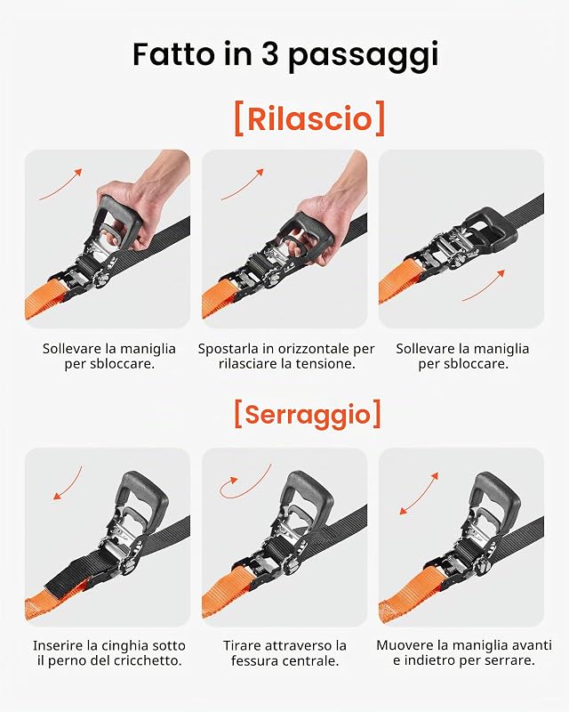 Cinghie di Fissaggio Resistenti da 38,1 mm x 1,8 m con Moschettoni, Resistenza alla Rottura di 1100 kg, Borsa per il Trasporto, per Traslochi, Rimorchi, Motociclette, Kayak, Confezione da 2