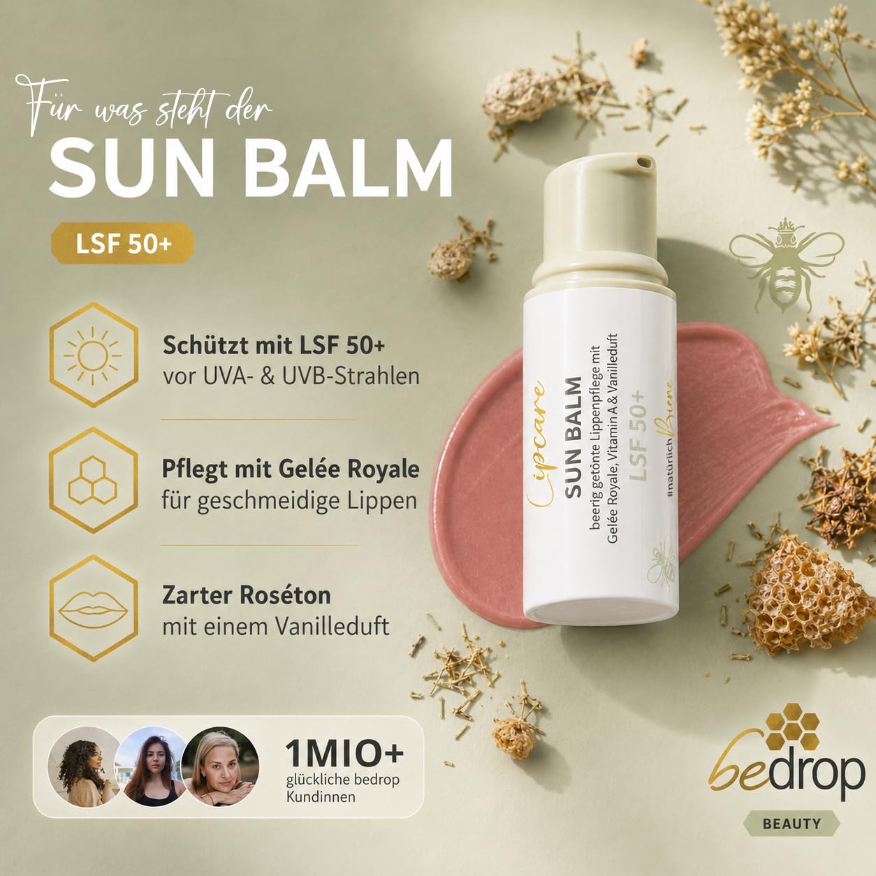bedrop Sun Balm LSF 50+ | getönte Lippenpflege mit Gelée Royale, Manuka & zartem Vanilleduft - Sonnenschutz mit SPF gegen Sonnenschäden 2