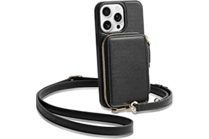 ZVE for iPhone 15 Pro Wallet Case, Crossbody Phone Purse with Card Holder for Women, Zipper Leather RFID Blocking Carrying Cover with Wrist Strap for iPhone 15 Pro 6.1 inch- Black