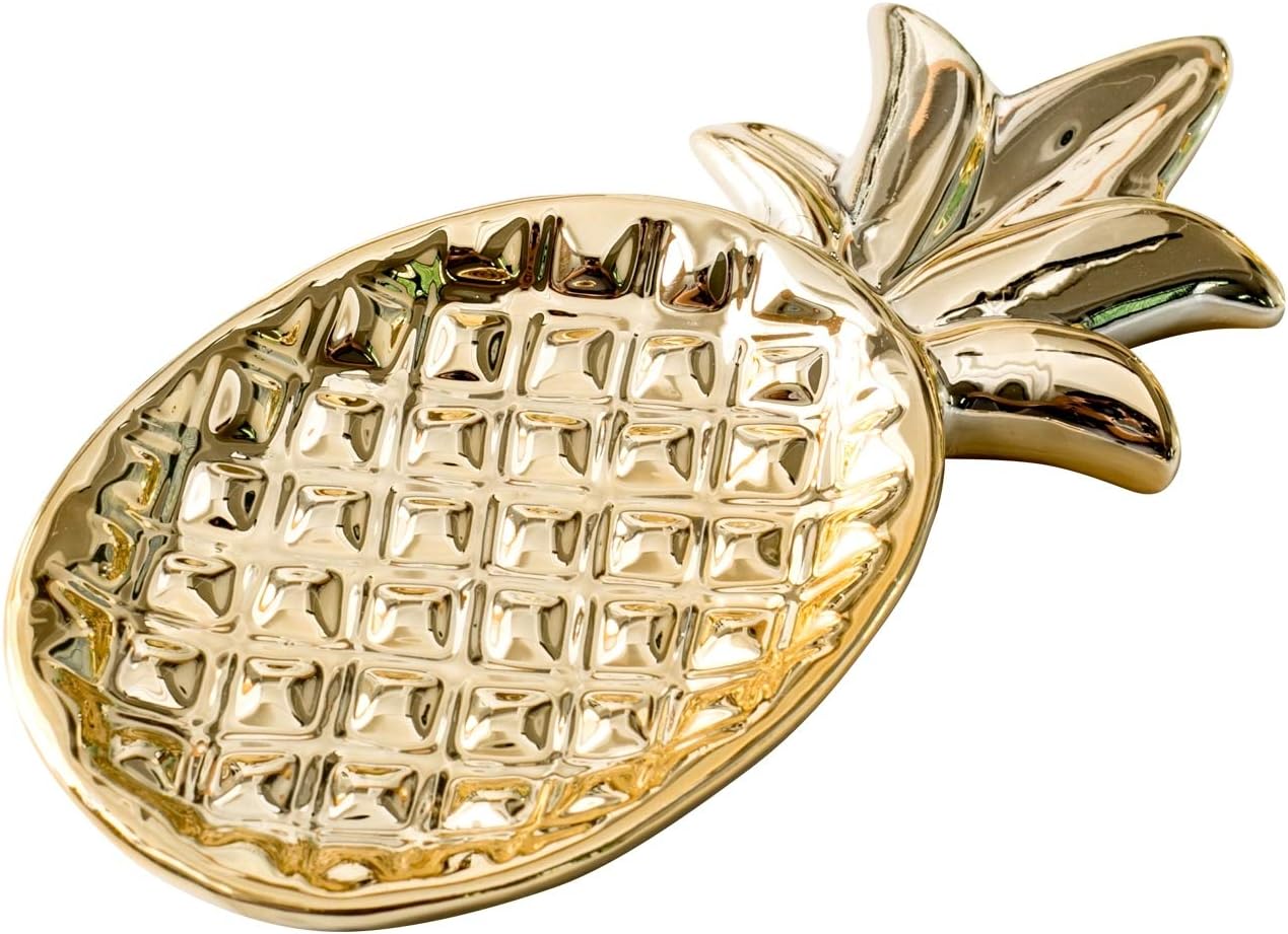 Jojuno Ceramic Plate Jewelry Tray Jewelry Ring Dish Organizer for Keys Phone Jewelry Watch Wallet Fruit Saucer Dessert Plate Gold Pineapple