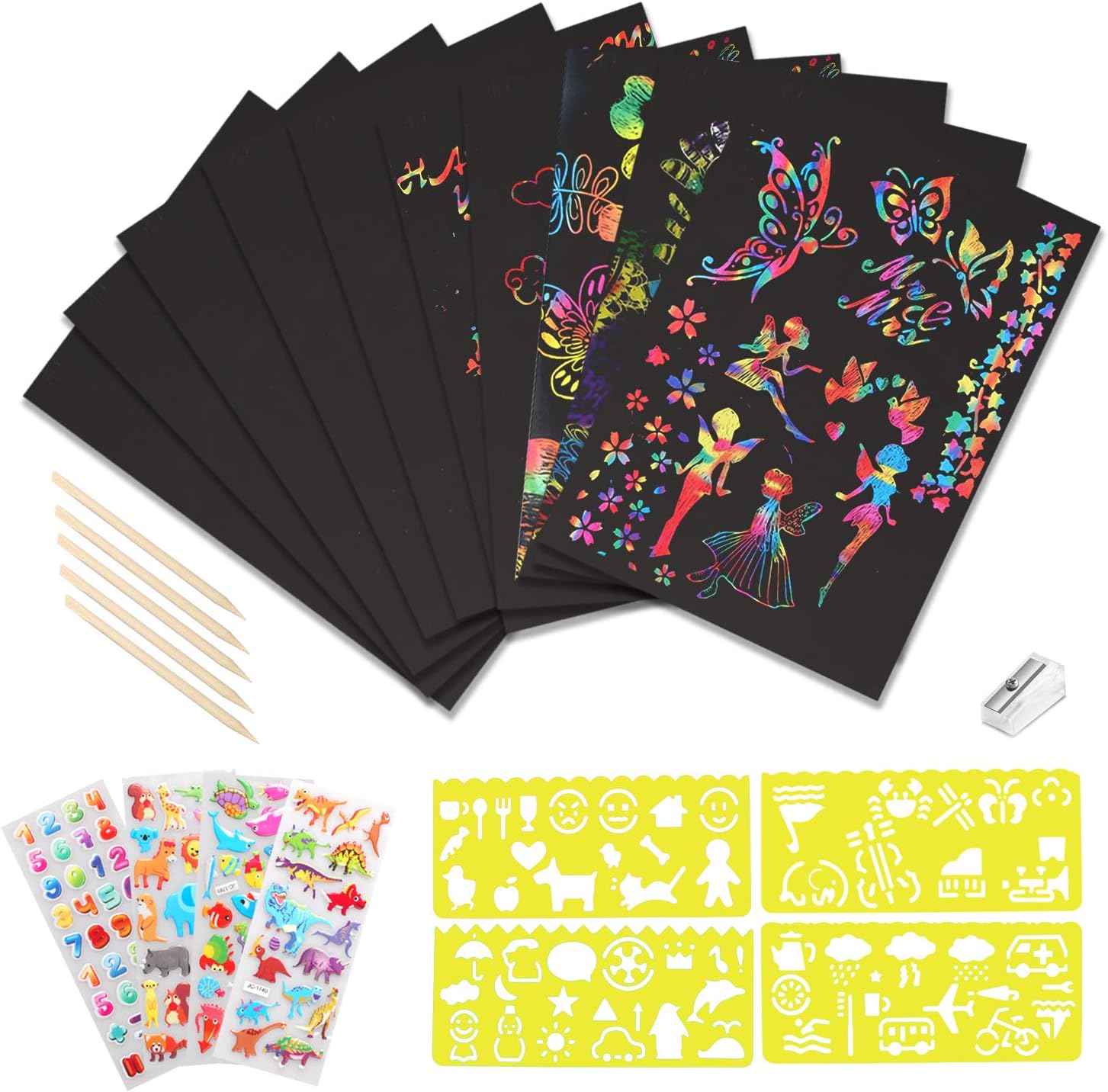 yeestone Scratch Arts for Kids,7.8" x 11" 20pcs A4 Large Scratch Paper Rainbow Scratch Pads/4 Stickers/4 Stencil Rulers/5 Wooden Stylus Art Notes for Christmas Birthdays Party Gifts