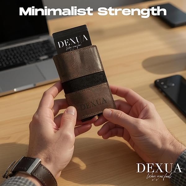 DEXUA MENS WALLET, GENIUNE LEATHER SLIM WALLET, RFID BLOCKING POP-UP CARD HOLDER, TOTAL 9 CARDS CAPACITY, CASH SLOT, MAGNETIC CLOSURE, GIFT READY