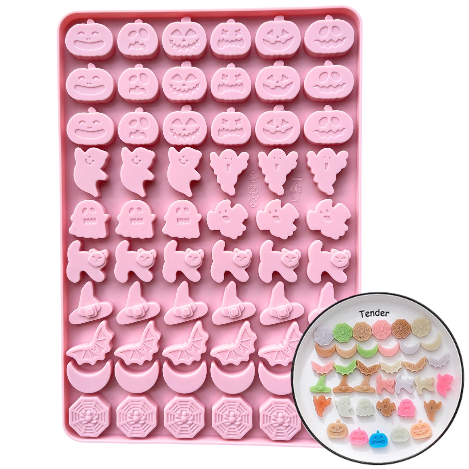 Halloween Silicone Mould,1 Pack 60 Cavity Halloween Chocolate Mould Ghost Pumpkin Bat Spider Hat Shape Baking Mold for DIY Cookies Chocolate Candy