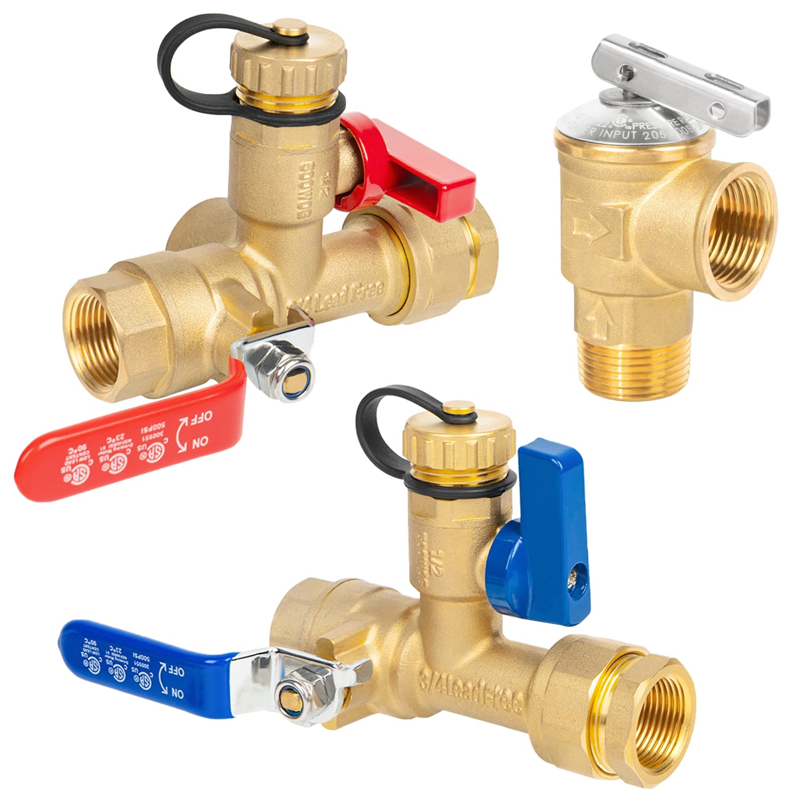 Photo 1 of JUWO 3/4 Inch IPS Isolator Tankless Water Heater Service Valve Kit, with Pressure Relief Valve, Hot Cold Water Supply Isolator Valves fit for Rheem, Rinnai, Navien