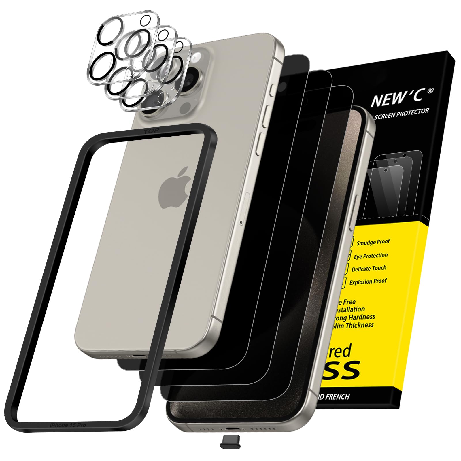 Photo 1 of NEW'C 3X Privacy for iPhone 15 Pro Screen Protector (6.1 inches)+ 3X Camera Lens Protector, Sensor Protection, Case Friendly Tempered Glass Film + Dust Plug - Easy Installation Tool Included