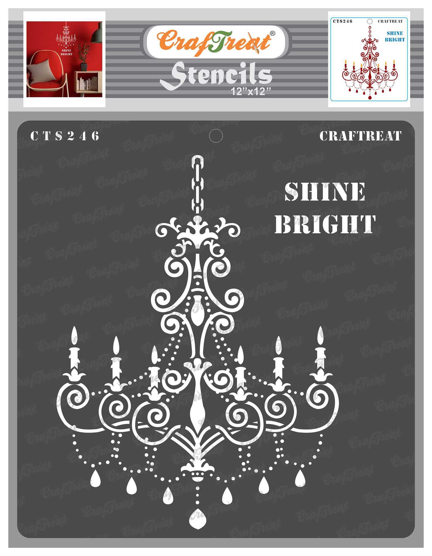 CrafTreat Reusable Chandelier Stencils for Painting on Wood, Canvas, Paper, Fabric, Floor, Wall and Tile - Shine Bright - 12x12 Inch - DIY Art and Craft Stencils for Home Decor - Wall Stencil Quotes