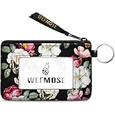 WEFMOSE Small Wallet Keychain with Clear ID Window Zipper Cute ID Case Coin Purse for Women Water Resistant Coin Pouch-Black Floral Keychain Wallet