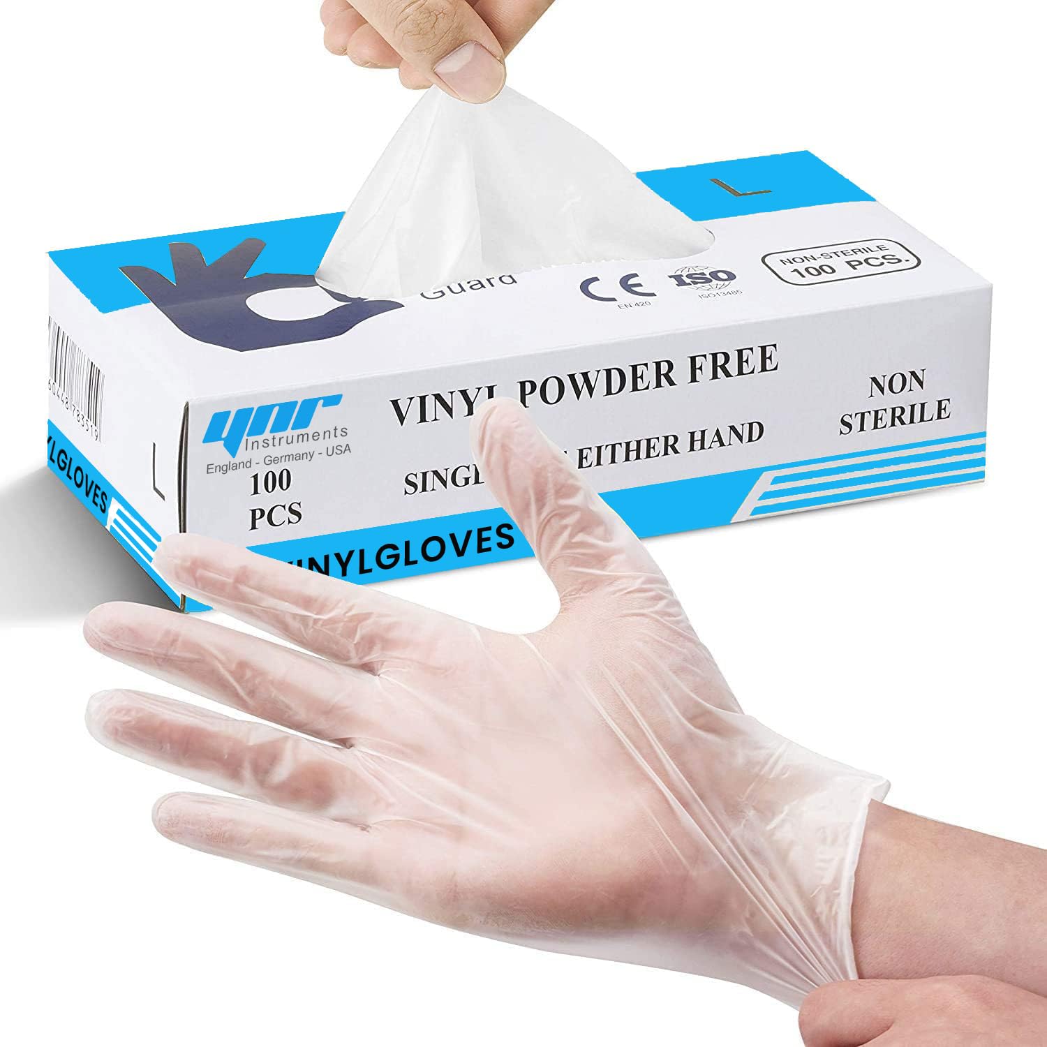 YNR Disposable Vinyl Surgical Gloves - Latex Free Clear Medium Gloves for Surgeon, Medical Use, First Aid, & Cooking | Box of 100 - Size L