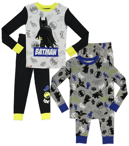 LEGO BATMAN BOY’S PAJAMA 2-FOR-1 SET, 4-PIECE COTTON PAJAMA SETS, BLACK/GREY, LITTLE KID SIZE 8