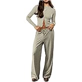 SweatyRocks Women's Striped 2 Piece Outfit Button Down Long Sleeve Knit Top Set Leisure