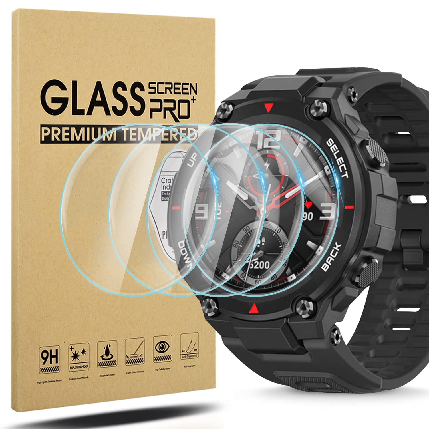 Diruite 4-Pack for Amazfit T-Rex 2 Tempered Glass Screen Protector,HD Anti-Scratch Protective Film [9H Hardness Glass][[2.5D Radian Edge]