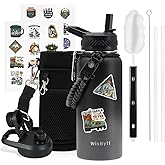 WixByti 32 oz Insulated Water Bottle with Straw (Cold for 48 Hrs), Stainless Steel Triple Wall Vacuum Sports Water Jug, Leakproof Hydro Cup Flask with Paracord Handle & Straw Spout Lids & DIY Stickers