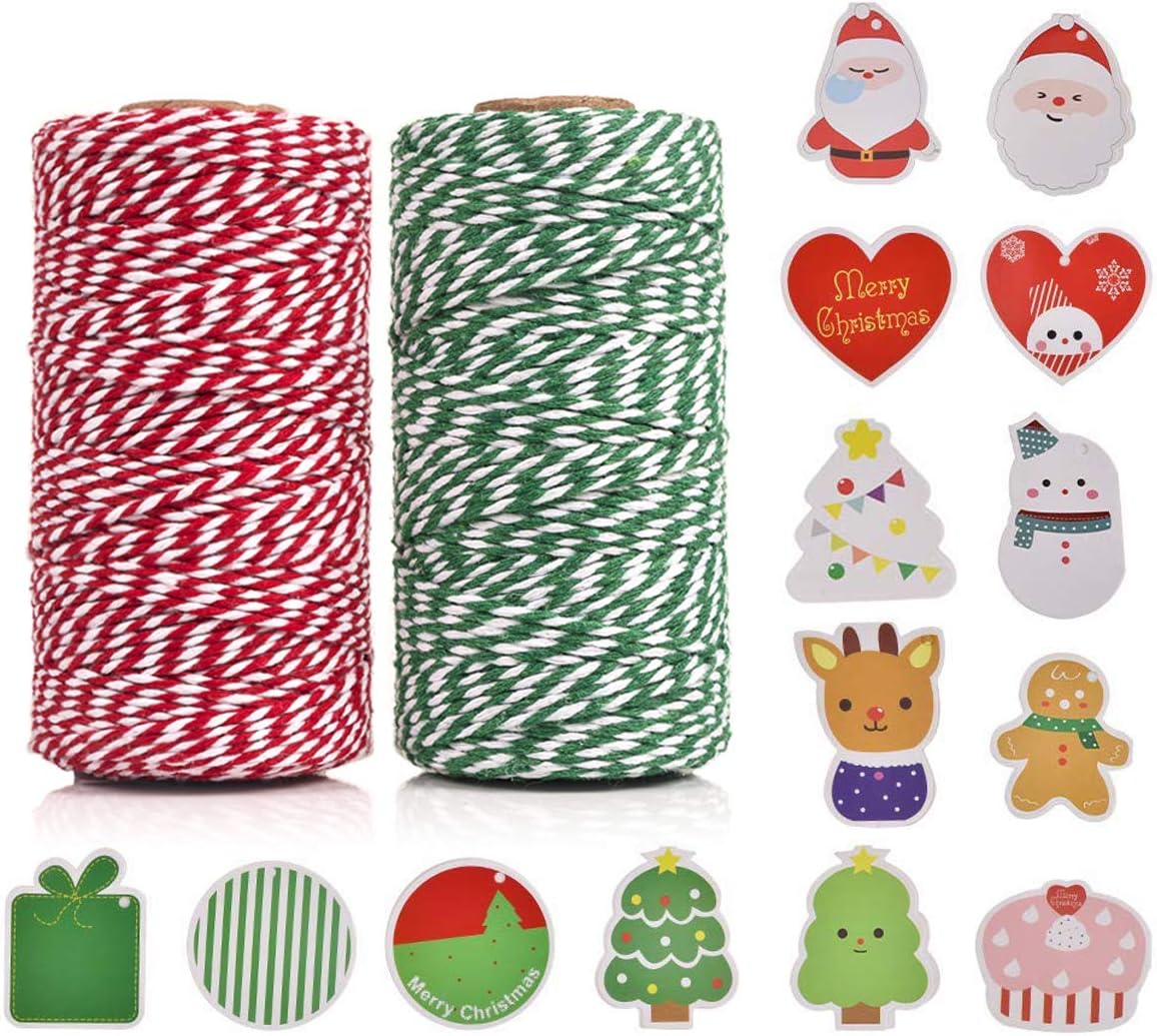 OITUGG2 Roll Christmas String - Christmas Twine with 14pcs Gift Tags - Twine String for Christmas Crafts Tags Cards - 200m Cotton Twine