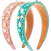 Turquoise Headbands for Women Girls Non Slip Wide Head Band Fashion Head Bands Top Knot Crystal pearl Headband for Women Pink blue Headband Hair Accessories for Women