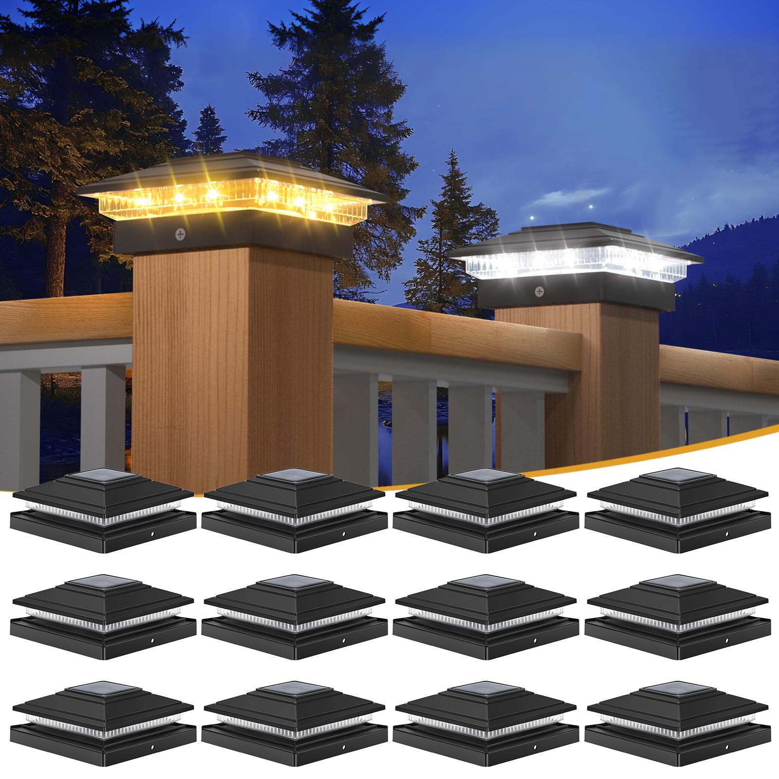 Photo 1 of APONUO 4x4 Post Solar Lights, IP64 Waterproof 16 Bright LEDs Solar Post Cap Lights for Deck,Fence,Patio,Garden,Yard, 2 Modes, Long-Lasting Outdoor Light for Posts 4x4 5x5 5.5x5.5,Black 12-Pack