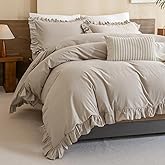 QSH Washed Cotton Queen Duvet Cover Set Ruffle Duvet Cover Linen Textured Farmhouse Shabby Vintage Chic Bedding Comforter Cover 3 PCs Aesthetic French Country Queen Bed Set