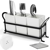 Czlizdyt Cutlery Holder with Drain Holes, Silverware Caddy for Party Countertop, 3pcs Bins Set Utensil Holders for Spoon and Fork, White