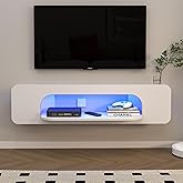 TuckTect Floating TV Stand with LED Lights, 58'' Wall Mounted TV Shelves with 1 Open Shelf, Modern Entertainment Media Console Center Large Storage Shelf Under TV for Living Room (57.48IN, White)