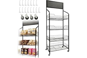 NERXERX 5 Tier Retail Candy Display Rack Metal Storage Shelf with Wheels & 15 Hooks Concession Candy Snack Display Racks Sturdy and Stable Chip Shelf Rack for Stores, Kitchen, Office (4 Tier Black 50cm)