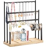 Jewelry Organizer Stand, 4 Tier Earring Holder with 46 Holes and 20 Hooks, Necklace Organizer Jewelry Display Storage Tower Tree, Jewelry Stand Holder Organizer for Necklace Bracelet Earring Watches