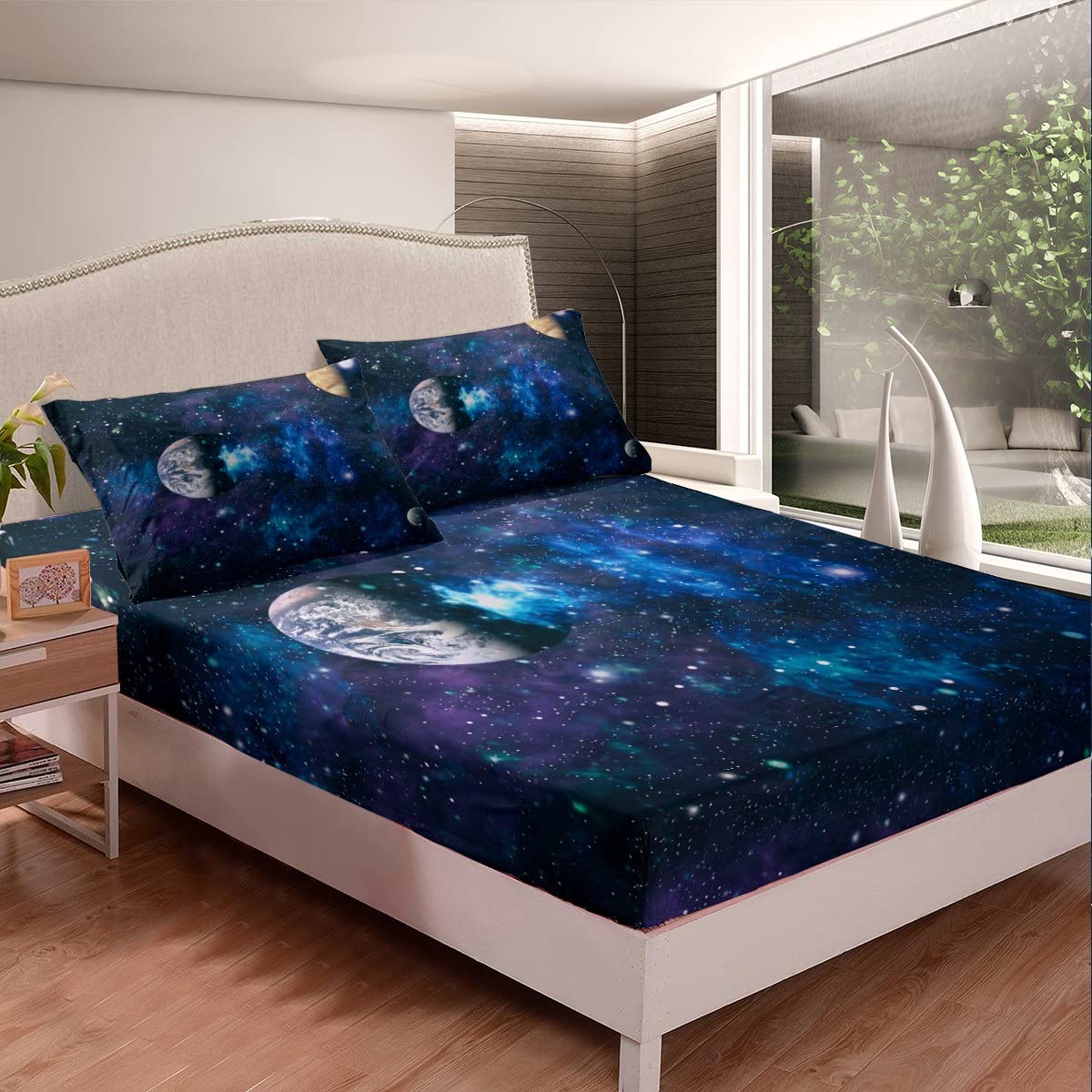 Galaxy Fitted Sheet Kids Universe Planets for Boys Girls Outer Space Starry Sky Fitted Sheet Breathable Purple Blue Galaxy Single Size