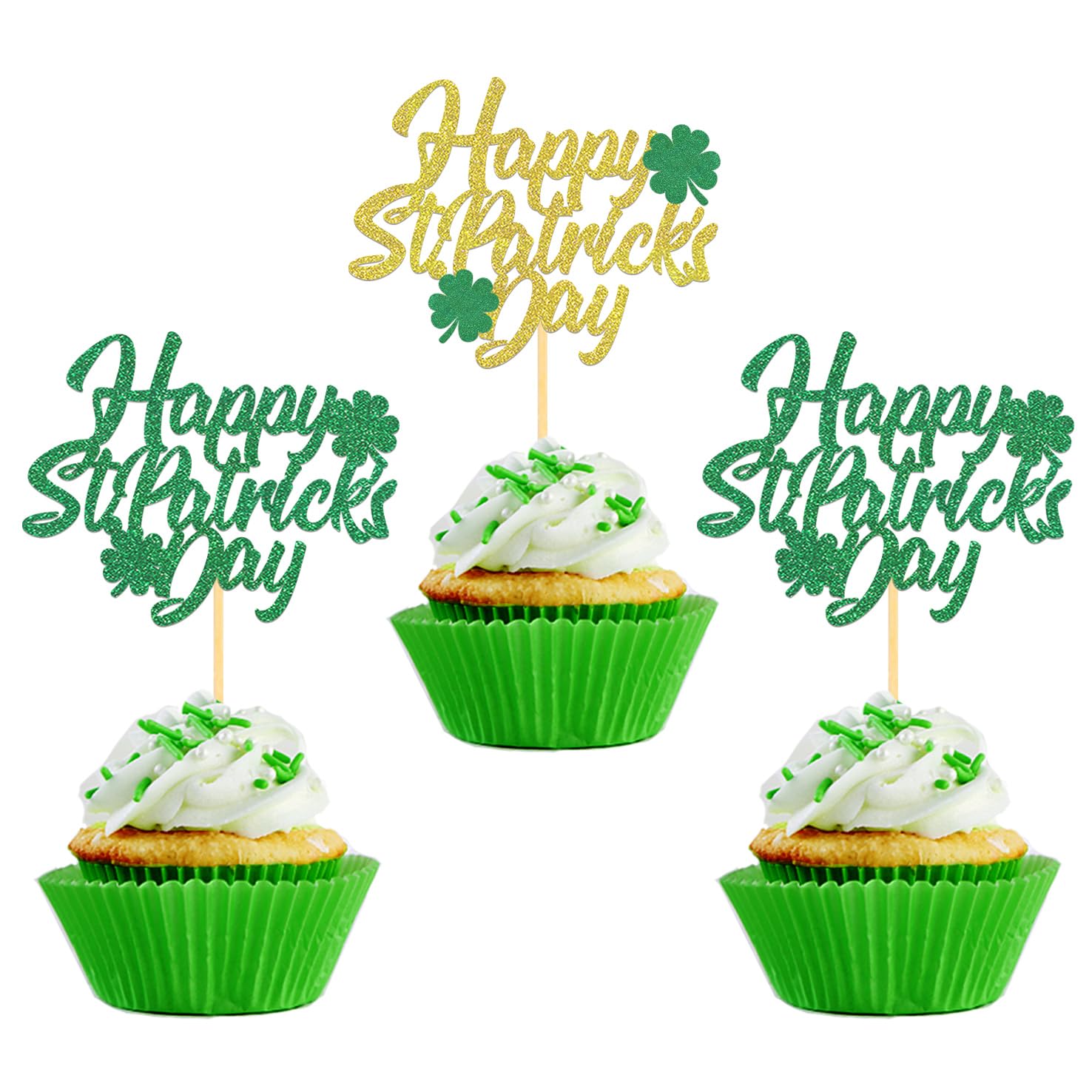 Photo 1 of 24 Pcs Happy St Patrick's Day Cupcake Toppers, Four Leaf Clover Shamrock Cupcake Toppers for St Patrick's Day Party Decorations (Happy)