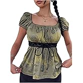 Verdusa Women's Y2k Crop Top Babydoll Vintage Graphic Floral Lace Shirt Cap Sleeve Tops