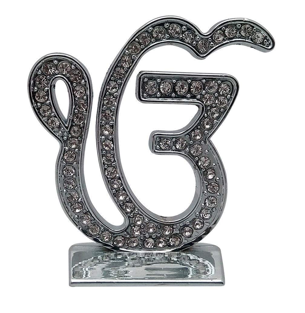 Target Store Sikh Religious Symbol EK Onkar Studded Idol | Ik Onkar Silver Metal Studded Statue for Car Dashboard | Mandir Temple Puja Murti | Home Decor | Office Table Showpiece